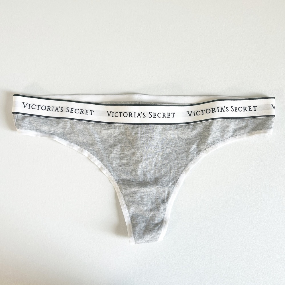 NWT VICTORIAS SECRET Thong Panty Underwear Gray‎ Logo Waistband Cotton Blend XL